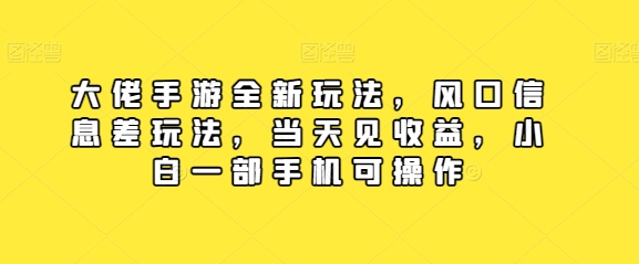 大佬手游全新玩法，风口信息差玩法，当天见收益，小白一部手机可操作