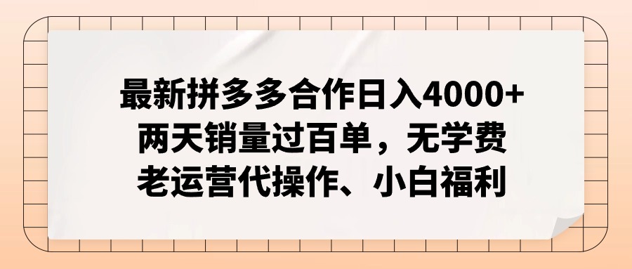 （12869期）拼多多最新协作日入4000 二天销售量过百单，无培训费、老经营代实际操作、新手褔利