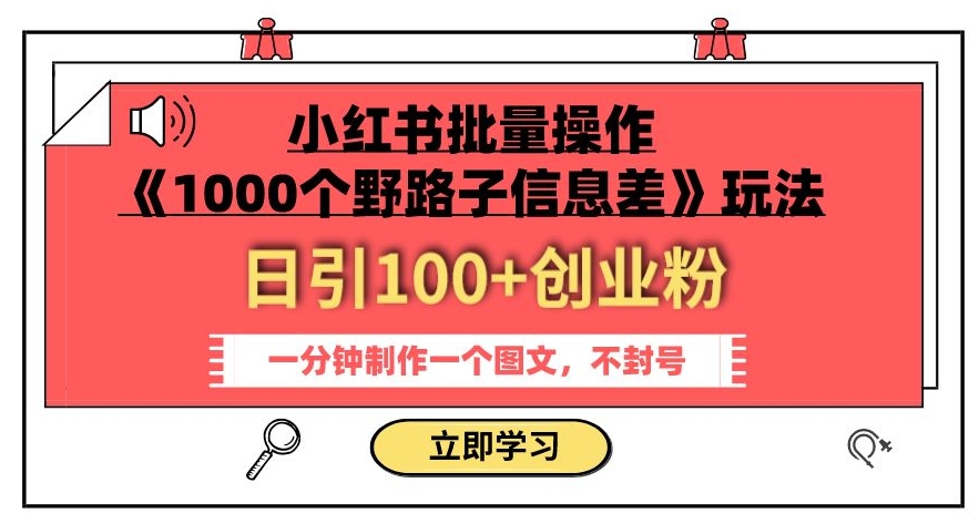 小红书的批量处理《1000个野路子信息差》游戏玩法，一分钟制作一个图文并茂，防封号，日引100 自主创业粉