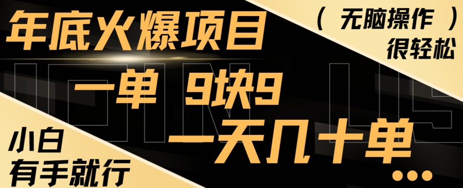 年底火爆项目，一单9.9，一天几十单，只需一部手机，傻瓜式操作，小白有手就行