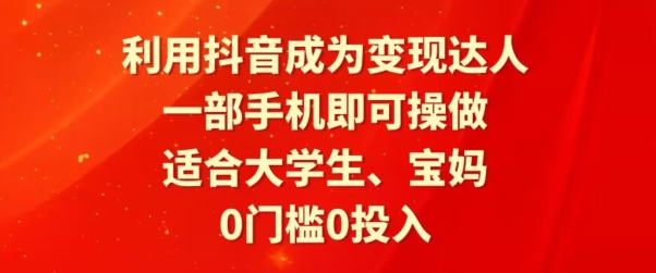 利用抖音成为变现达人，0门槛0投入，一部手机即可操作，适合大学生、宝妈