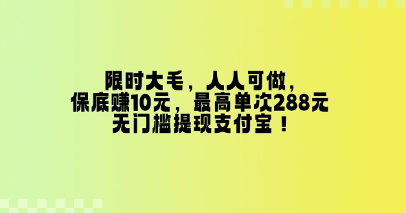 特惠大毛，每个人能做，最低挣10元，最大一次288元，零门槛取现支付宝钱包！